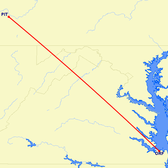 перелет Норфолк — Питтсбург на карте