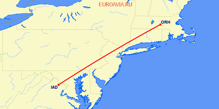 перелет Worcester — Вашингтон на карте