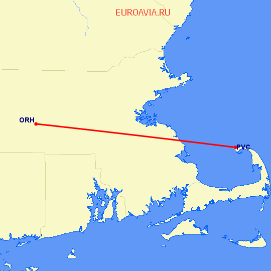 перелет Worcester — Provincetown на карте