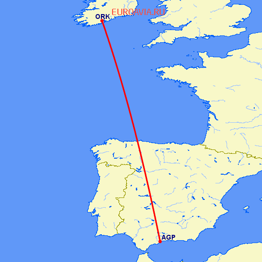 перелет Корк — Малага на карте