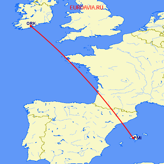перелет Корк — Пальма де Майорка на карте