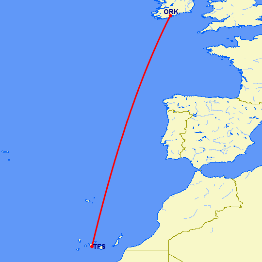 перелет Корк — Тенерифе на карте
