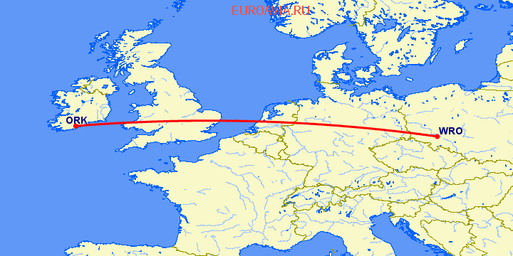 перелет Корк — Вроцлав на карте