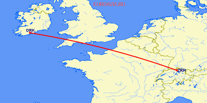 перелет Корк — Цюрих на карте