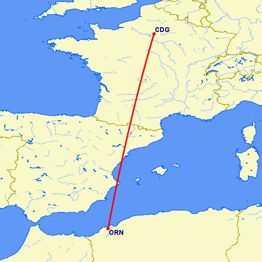 перелет Оран — Париж на карте
