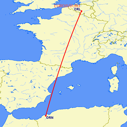 перелет Оран — Шарлеруа на карте