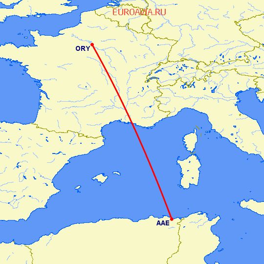 перелет Париж — Аннаба на карте