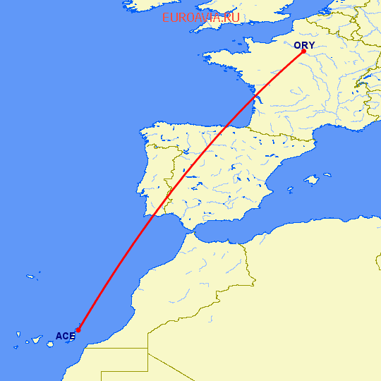 перелет Париж — Арресифе на карте