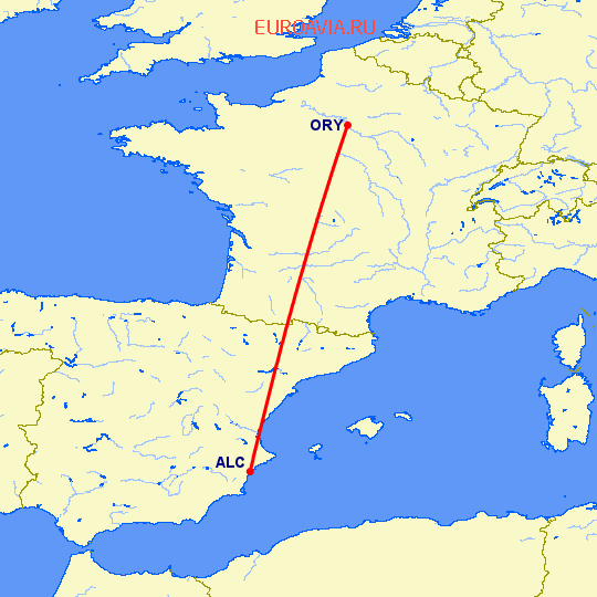 перелет Париж — Аликанте на карте