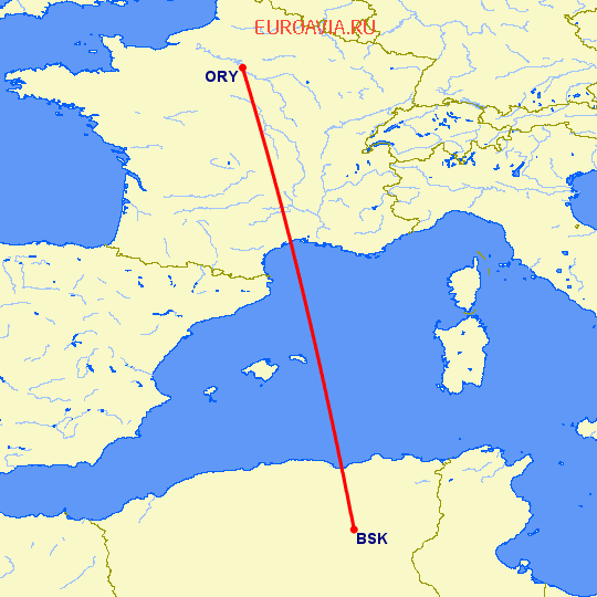 перелет Париж — Бискра на карте