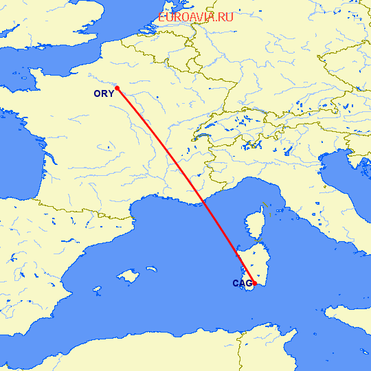перелет Париж — Кальяри на карте