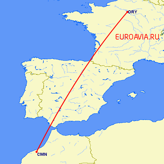 перелет Париж — Касабланка на карте
