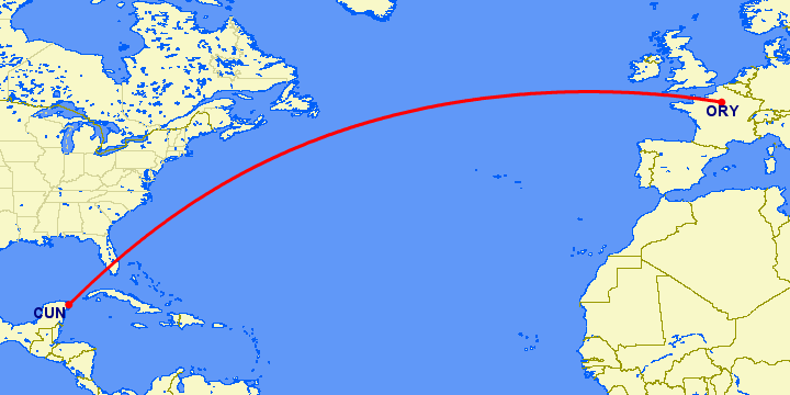 перелет Париж — Канкун на карте