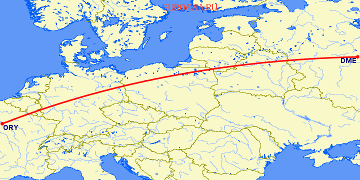 перелет Париж — Москва на карте