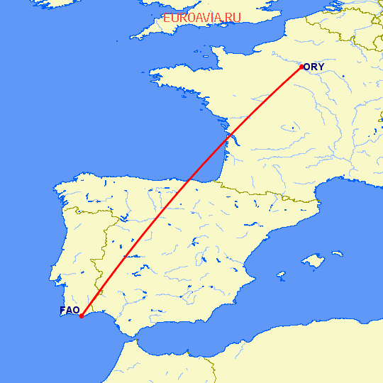 перелет Париж — Фару на карте