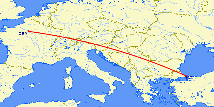 перелет Париж — Стамбул на карте