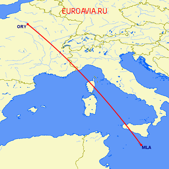 перелет Париж — Мальта на карте