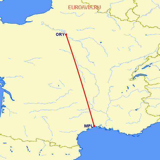 перелет Париж — Монпелье на карте