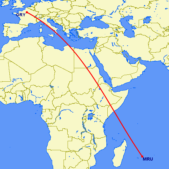 перелет Париж — Порт Луис на карте
