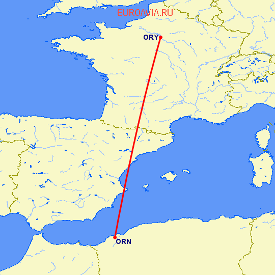 перелет Париж — Оран на карте