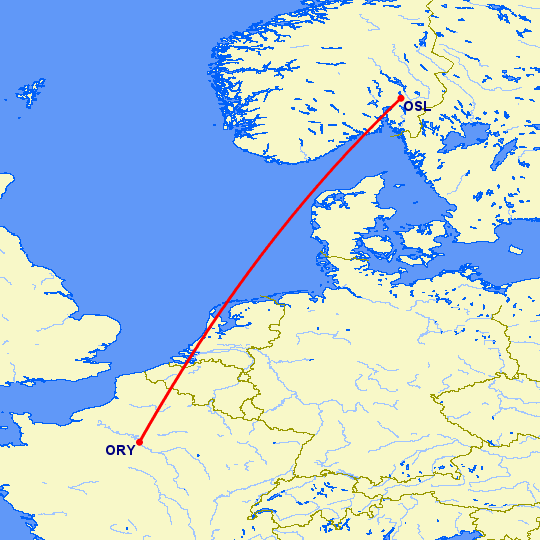 перелет Париж — Осло на карте