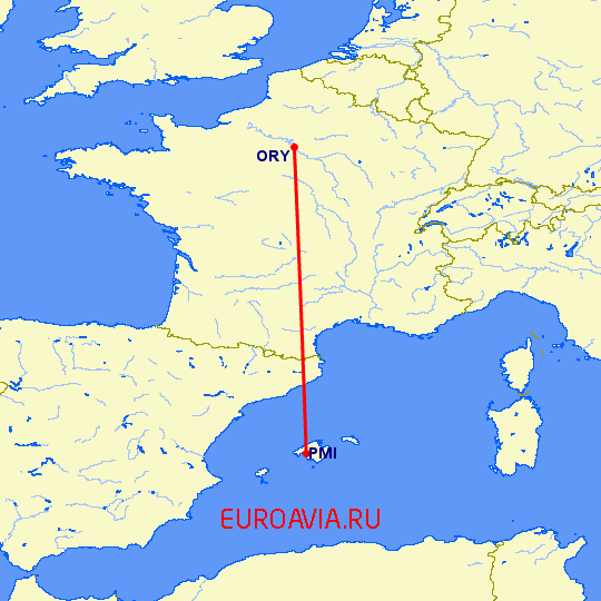 перелет Париж — Пальма де Майорка на карте
