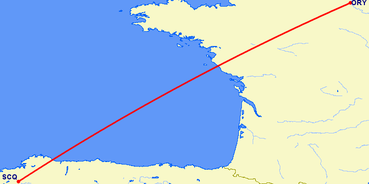 перелет Париж — Сантьяго де Компостела на карте