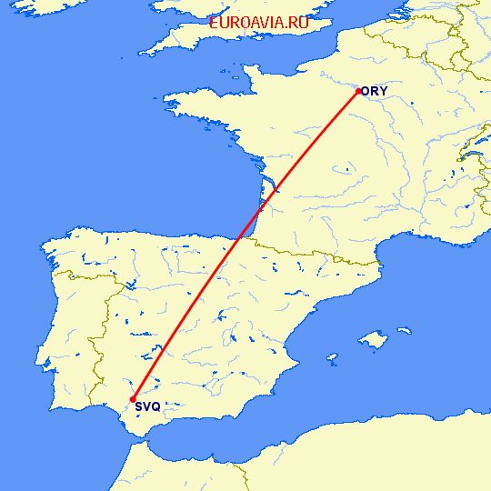 перелет Париж — Севилья на карте