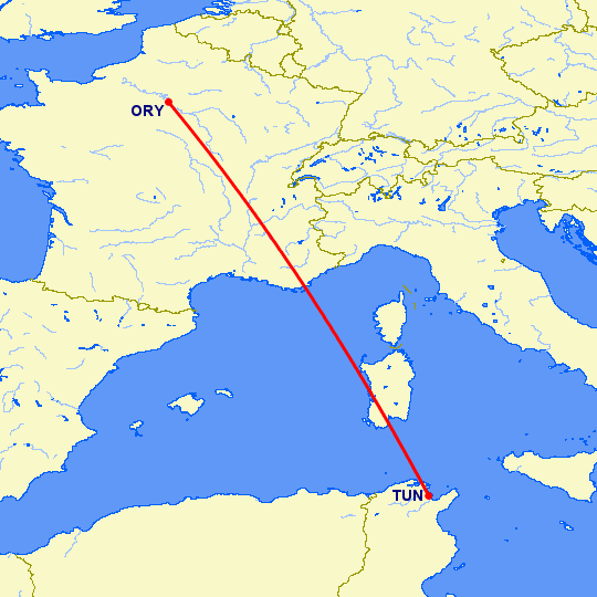 перелет Париж — Тунис на карте