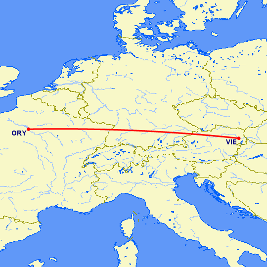 перелет Париж — Вена на карте