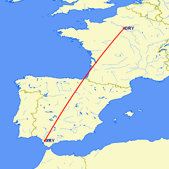 перелет Париж — Херес де ла Фронтера  на карте