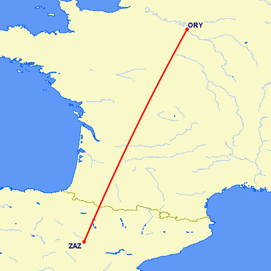 перелет Париж — Сарагоса на карте