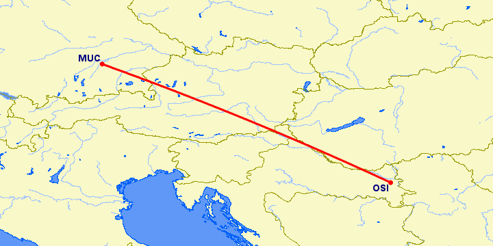 перелет Осиек — Мюнхен на карте