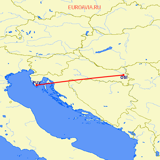 перелет Осиек — Пула на карте