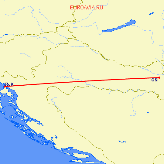 перелет Осиек — Риека на карте