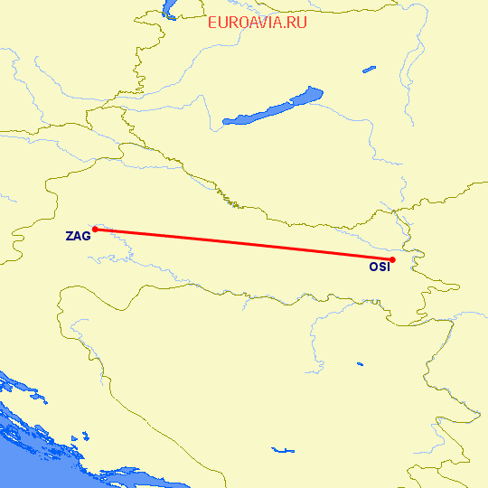 перелет Осиек — Загреб на карте