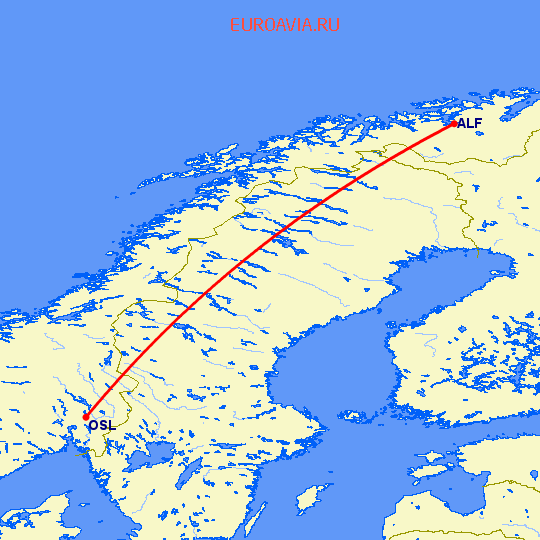 перелет Осло — Альта на карте