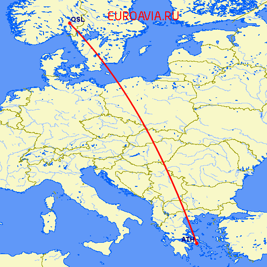 перелет Осло — Афины на карте