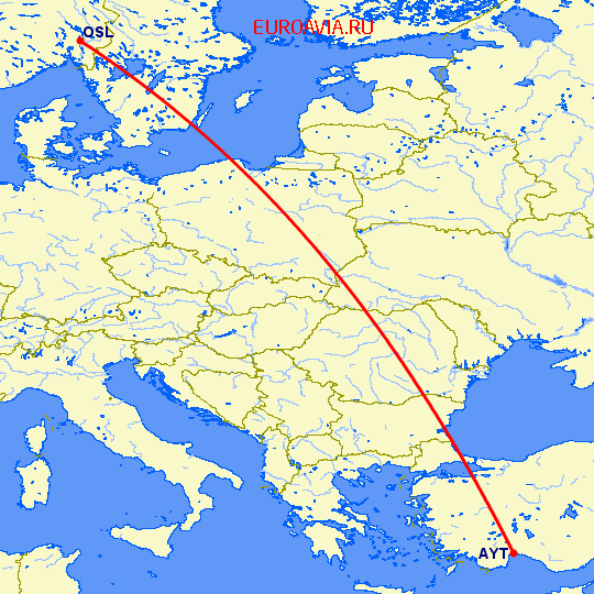 перелет Осло — Анталия на карте