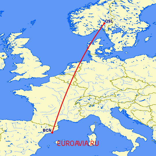 перелет Осло — Барселона на карте