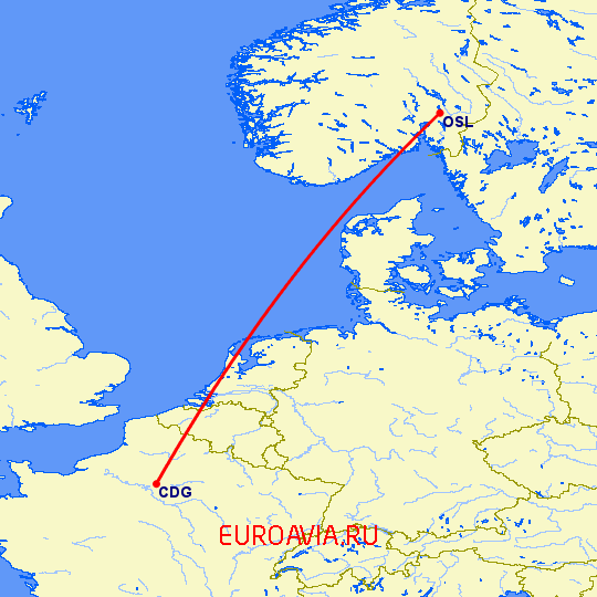 перелет Осло — Париж на карте