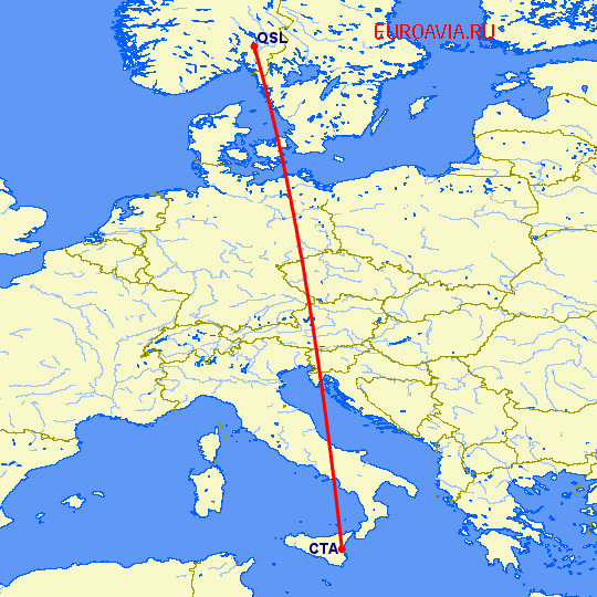 перелет Осло — Катания на карте