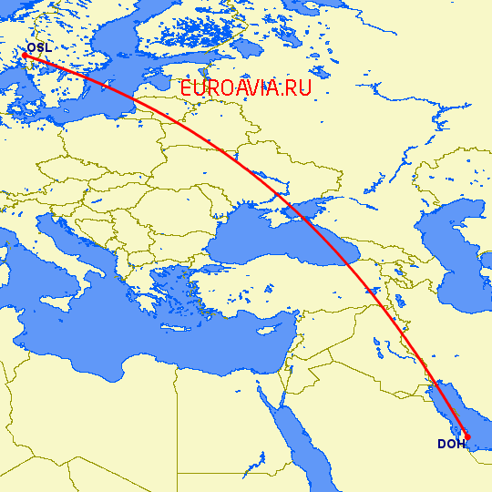 перелет Осло — Доха на карте