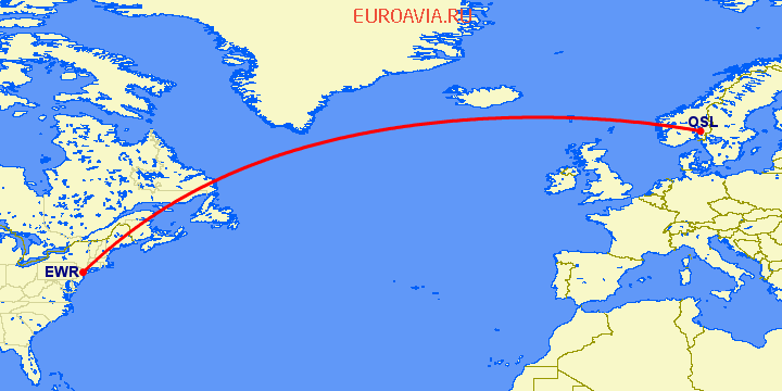 перелет Осло — Ньюарк на карте