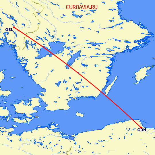 перелет Осло — Гданьск на карте