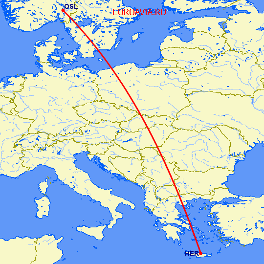 перелет Осло — Ираклион на карте
