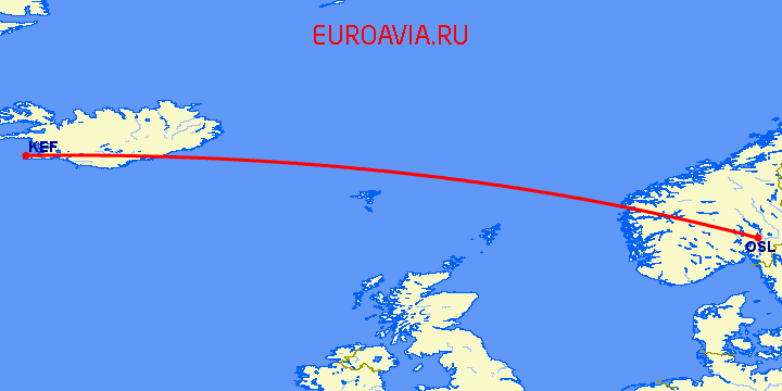 перелет Осло — Рейкьявик на карте