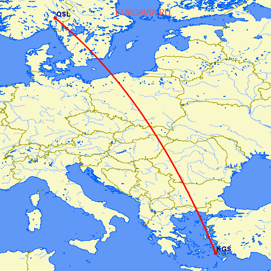 перелет Осло — Кос на карте