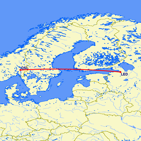 перелет Осло — Санкт Петербург на карте