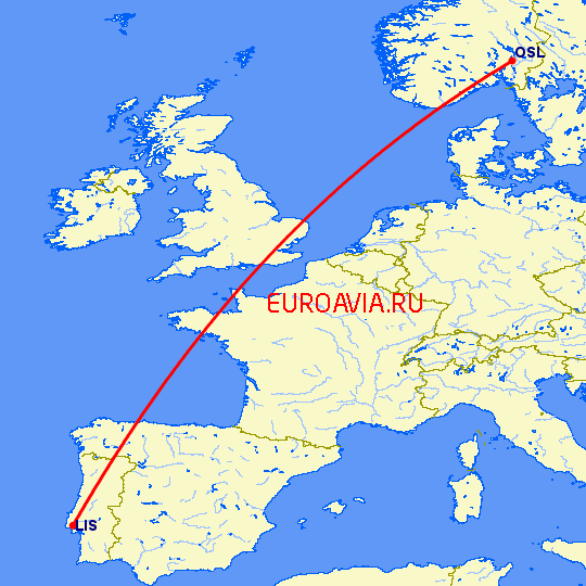 перелет Осло — Лиссабон на карте